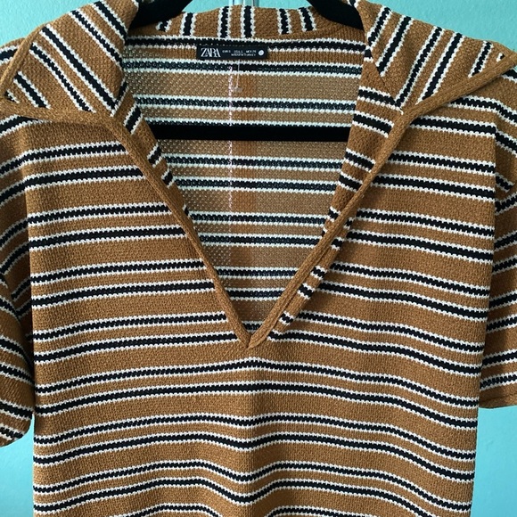 ZARA Collared Mustard Yellow '70s Style Retro Knit Striped Midi Knit Dress (W-3) - Picture 5 of 7